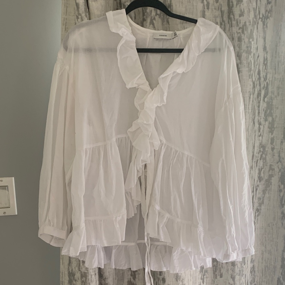 Coach White Ruffle Tie-Front Peasant Blouse